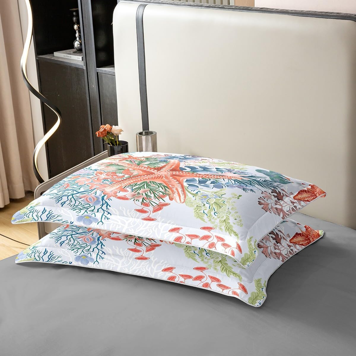 100% Cotton Watercolor Ocean Animals Duvet Cover Queen,Colorful Starfish Underwater Flowers Coral Bedding Set (Not Comforter),Summer Seaside Camping Coastal Plants Comforter Cover Bedding 3 Piece