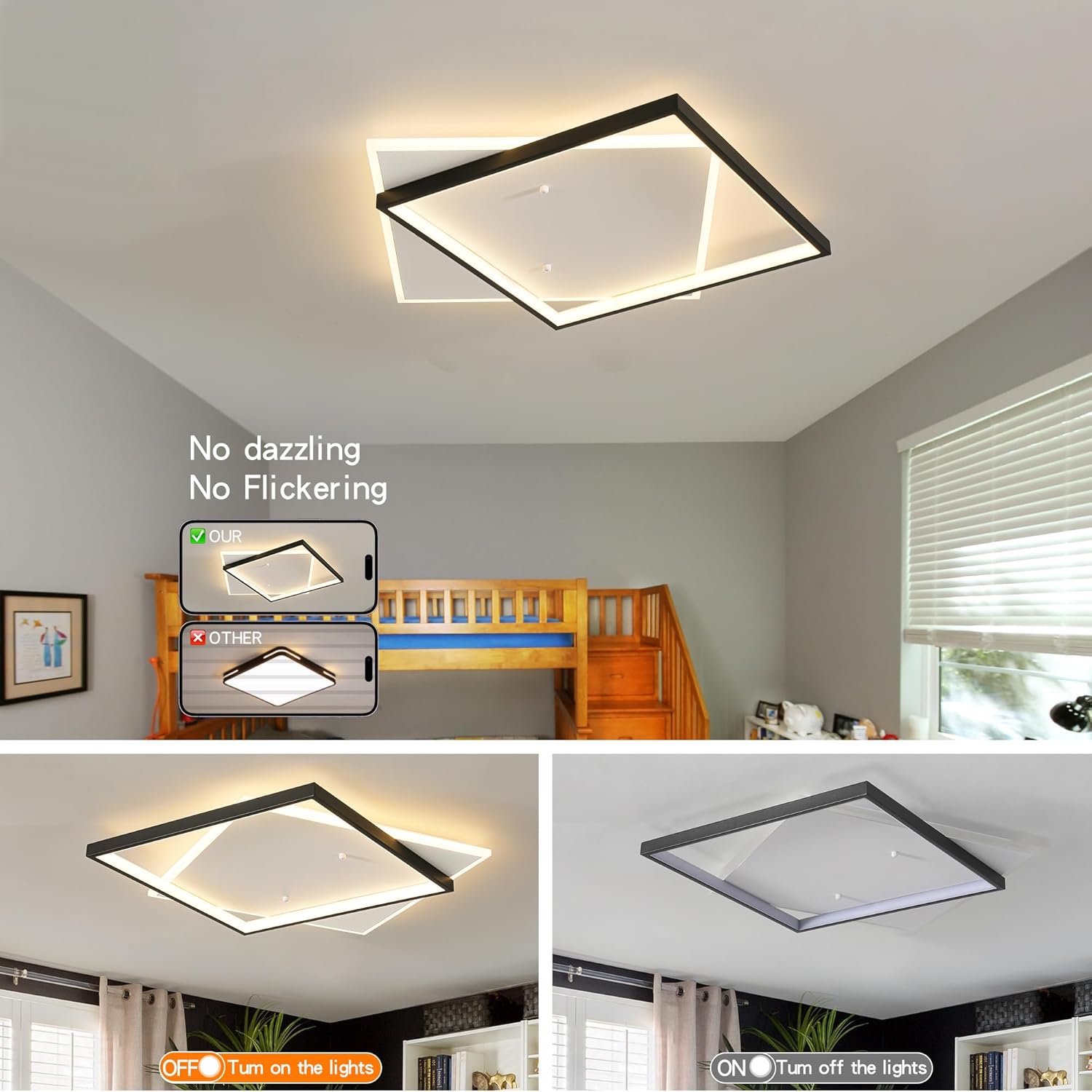 Black Modern LED Bedroom Ceiling Light Dimmable Flush Mount Ceiling Light Fixture 22" Square Ceiling Lamp with Remote Control Kitchen Lighting Fixture Ceiling,Suitable for Bedroom,Hallways