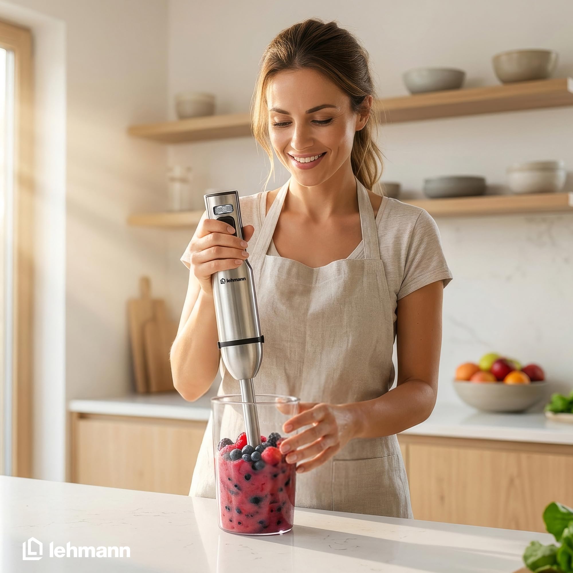 LEHMANN Stabmixer Set mit Ständer - 2000 Watt - Multifunktions Pürierstab 6-in-1-12 Geschwindigkeitsstufen & Turbo-Funktion - 7 Zubehör - 800 ml Becher & 600 ml Zerkleinerer - Goldene Klinge