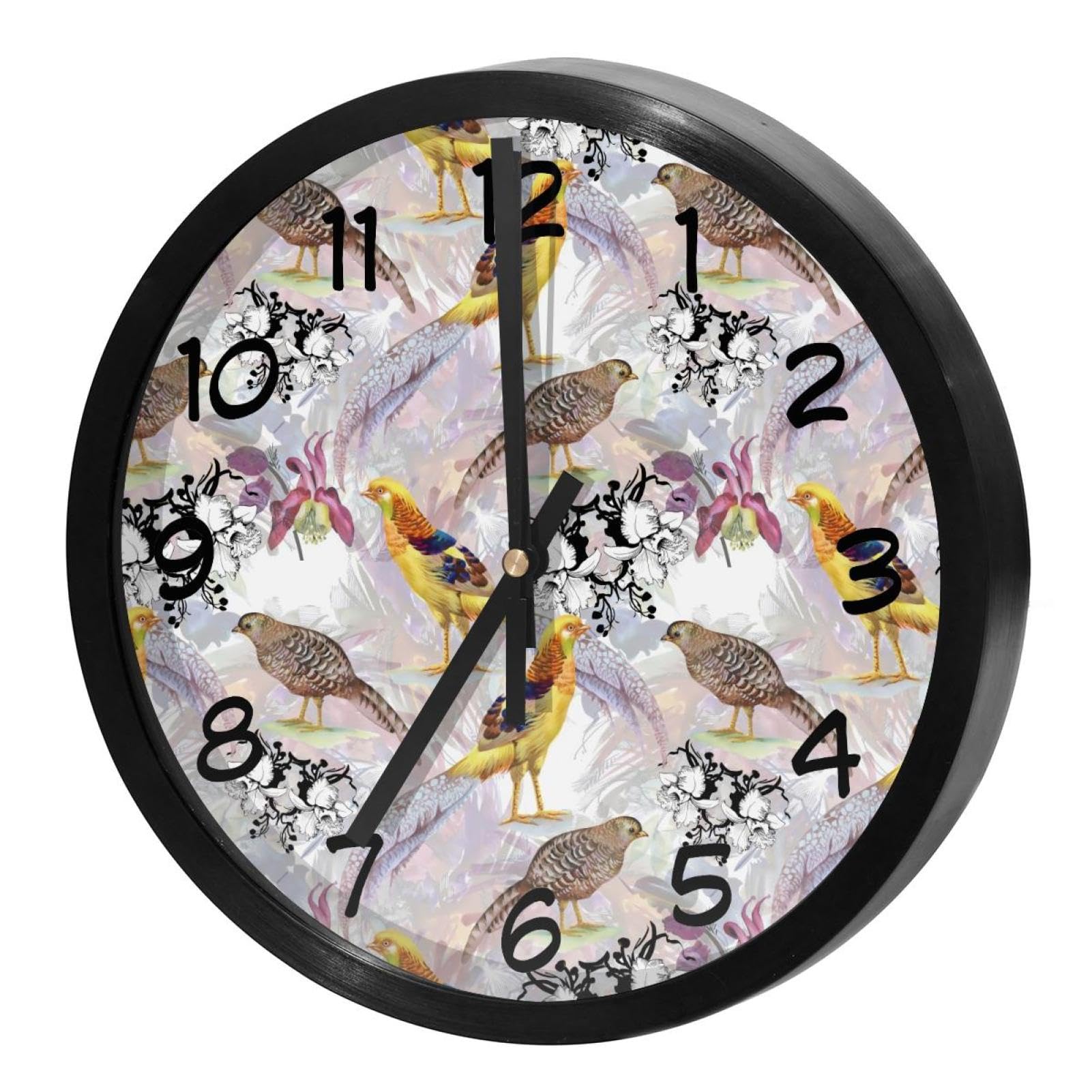 Horloge murale silencieuse à quartz fleurs oiseau faisan aquarelle maison école