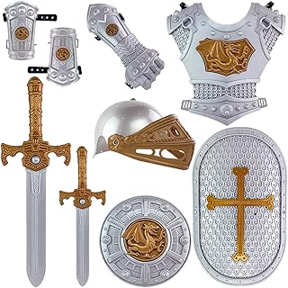 Liberty Imports Medieval Knight in Shining Armor, Kids Pretend Role Play Plastic Toy Costume Dress Up Cosplay with Weapons, Shield, Helmet and Accessories Playset