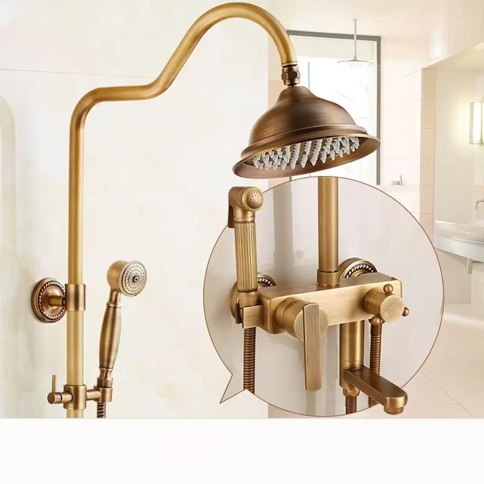 Fanjubei Women's Question Mark Tube - Four-Speed Spray Gun All-Copper Antique-Style Shower And Shower Set, Shower Faucet