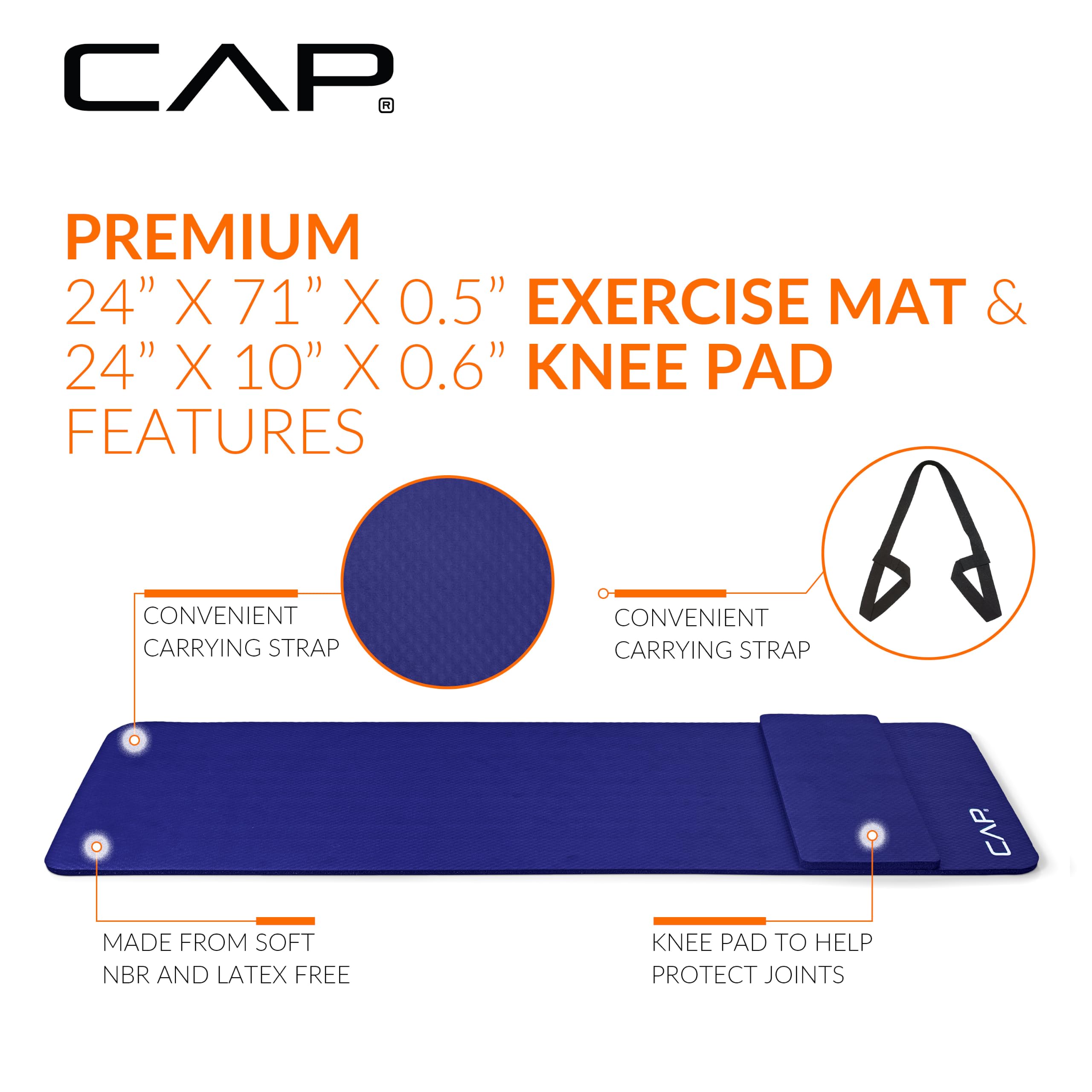 CAP 1/2" Thick Yoga Mat, Exercise Mat with Knee Pad & Strap, Blue view 3