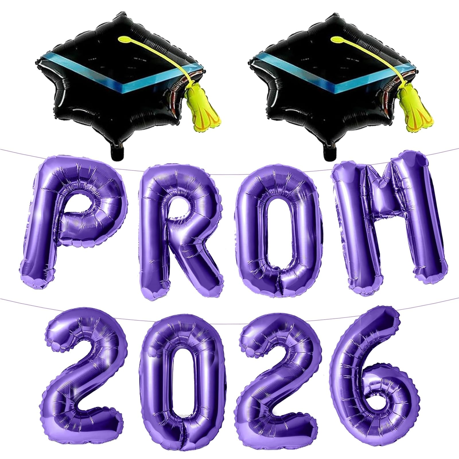 Prom 2026 Balloons Decoration Banner Purple 16 Inch Mylar Letter Balloons with Graduation Cap Balloons for Graduation Party Decorations Class of 2026