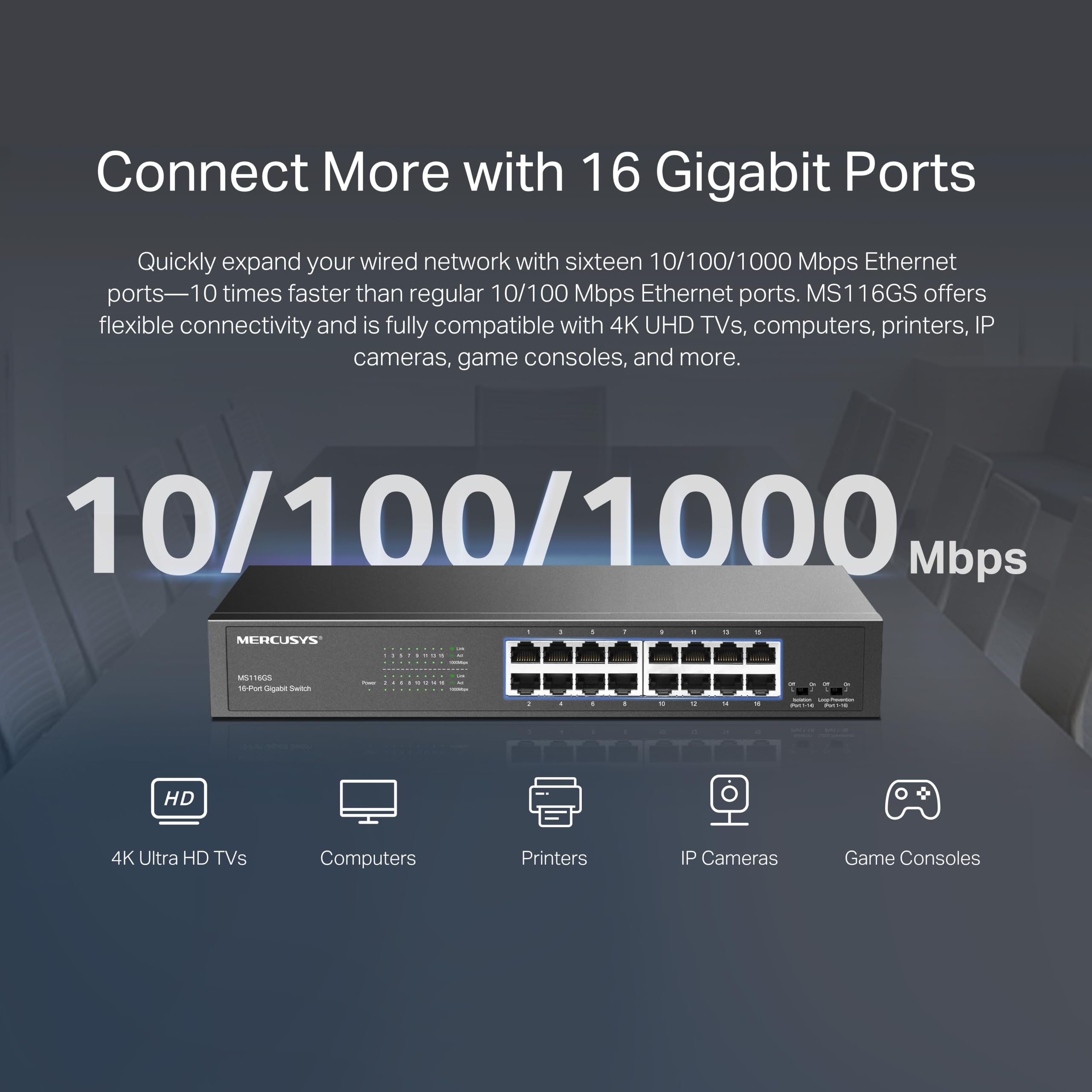 Mercusys MS116GS Switch Gigabit 16 Puertos, Montaje de Escritorio o Bastidor, Plug & Play, prioridad de tráfico, prevención de Bucle, Modo de Aislamiento, Funcionamiento silencioso, Carcasa de