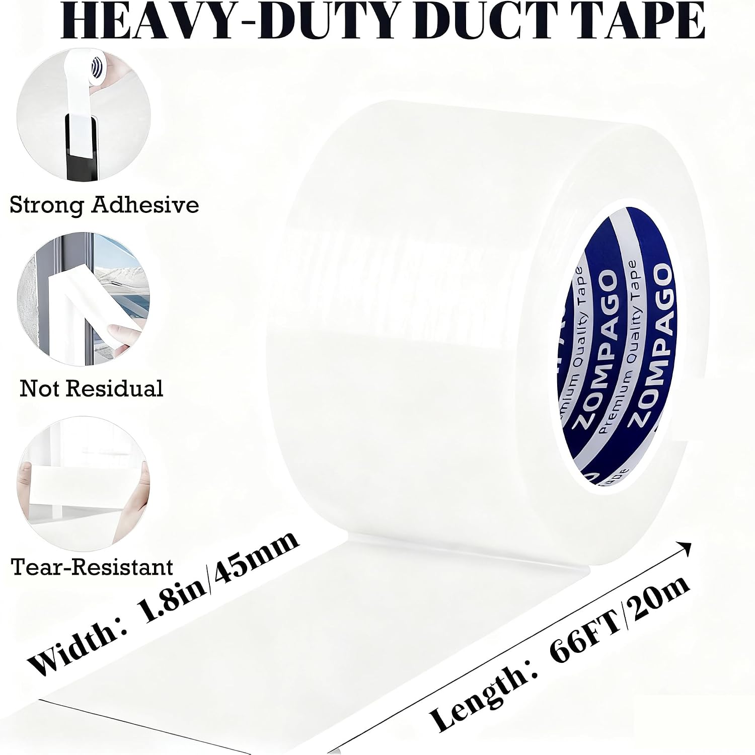 ZOMPAGO Heavy Duty Waterproof Duct Tape Repair Works White,1.8in x 66FT image 2