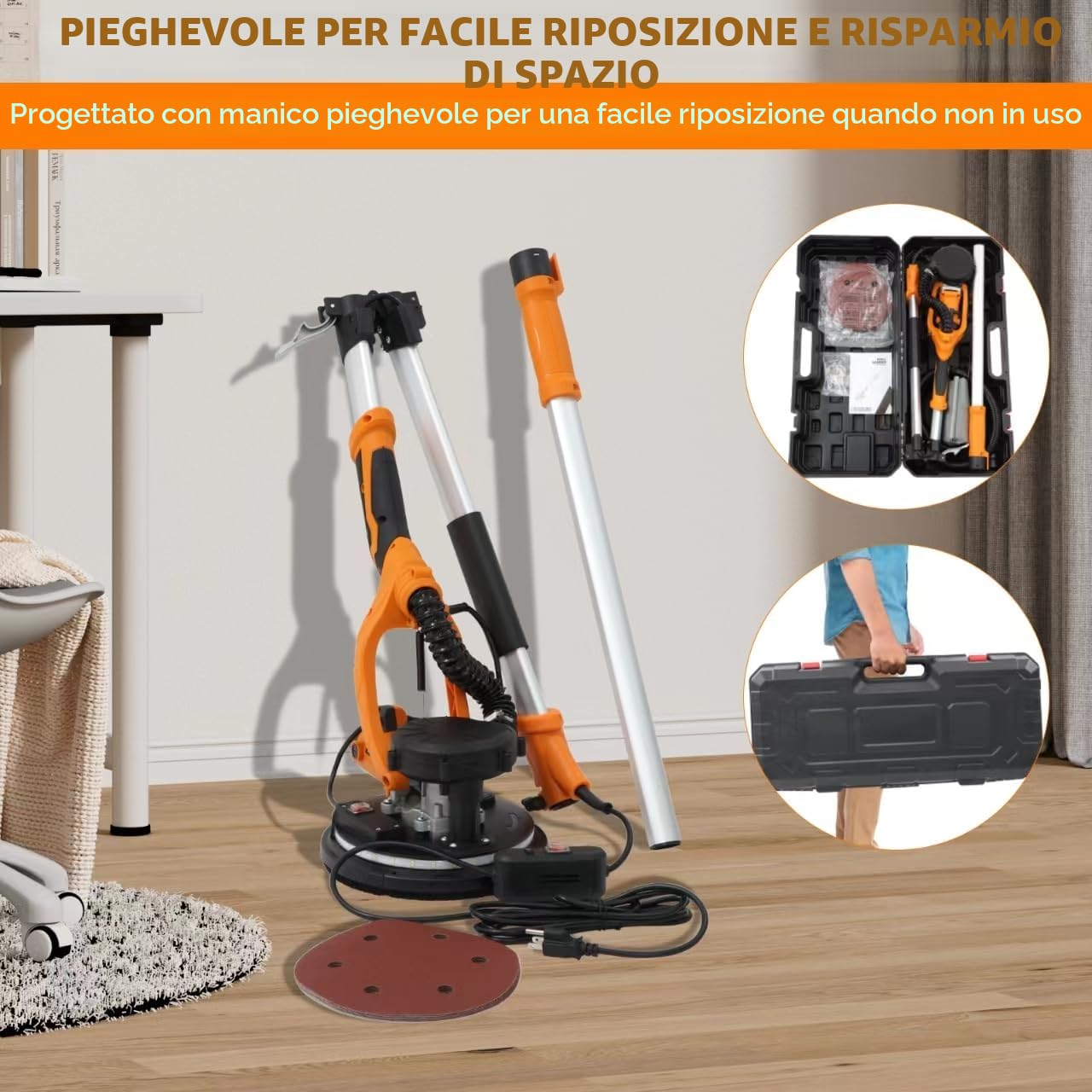 VELPAX Levigatrice per muro telescopica,1250W Levigatrice Muro con Aspiratore, 5 Velocità Variabili 800-1800 giri/minuto, Impugnatura Estensibile, Luce LED, Tubo per La Polvere Lungo