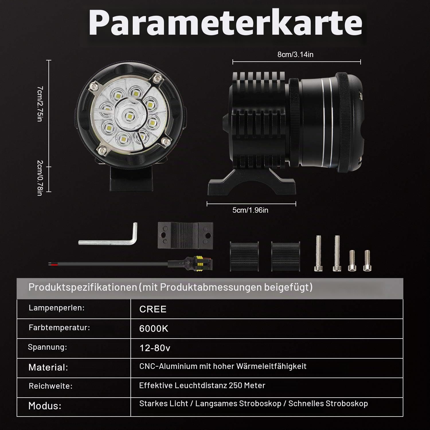 Runde LED Fernlicht EVO 90W 6000K 9000lm Zusätzliches Licht Motorrad Hochtragende Scheinwerfer Scheinwerferstrahl+Blitz Dual Mode CNC Hartglasglas IP68