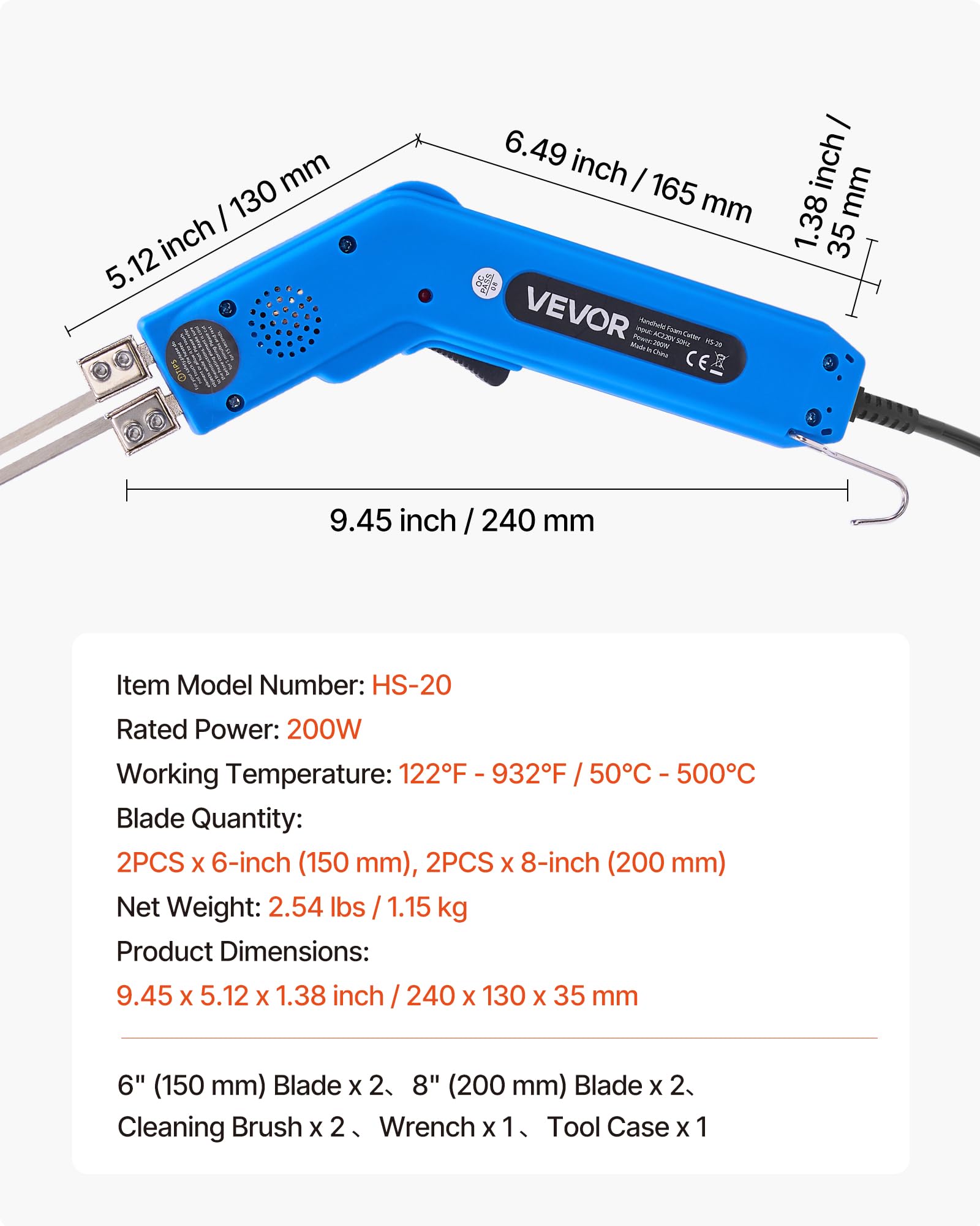 VEVOR Styroporschneider, 200 W Styrocutter, 50-500 °C Einstellbarer Schaumstoffschneider mit 150 mm & 200 mm Schneidklingen für KT-Platten, Polyethylen, Schwamm, Gummi – Werkzeugkasten enthalten