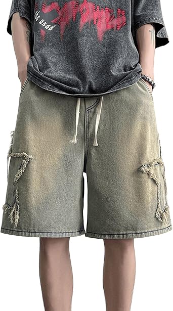 Jorts for Teen Boys Y2K Embroidered Star Jeans Shorts Drawstring Pull On Denim Shorts Elastic Waist Baggy Jorts