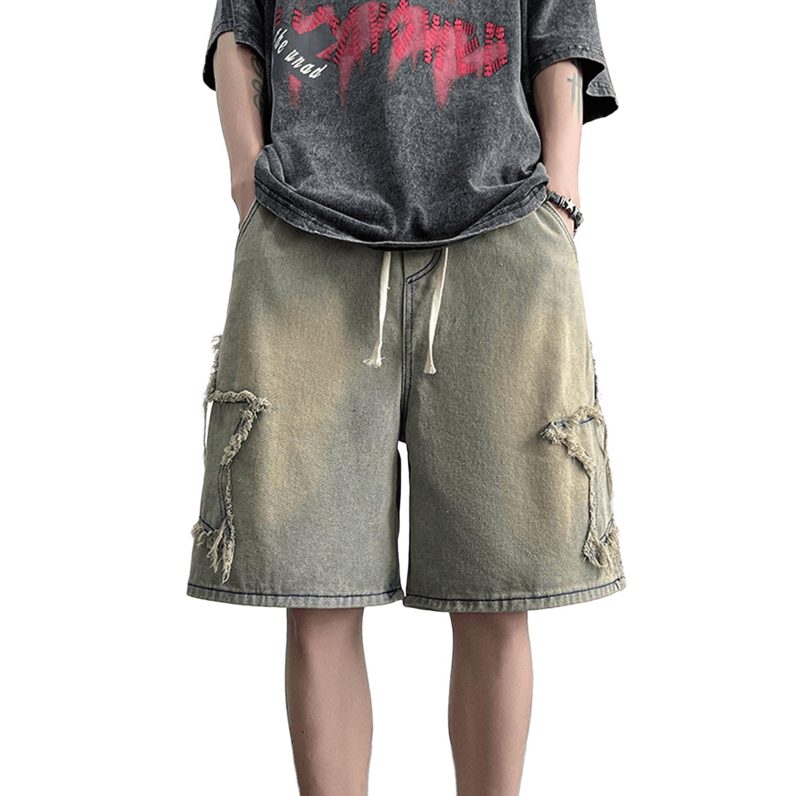 Pantalones cortos de mezclilla bordados Y2K para adolescentes y niños, pantalones cortos de mezclilla con cordón, cintura elástica, pantalones cortos holgados