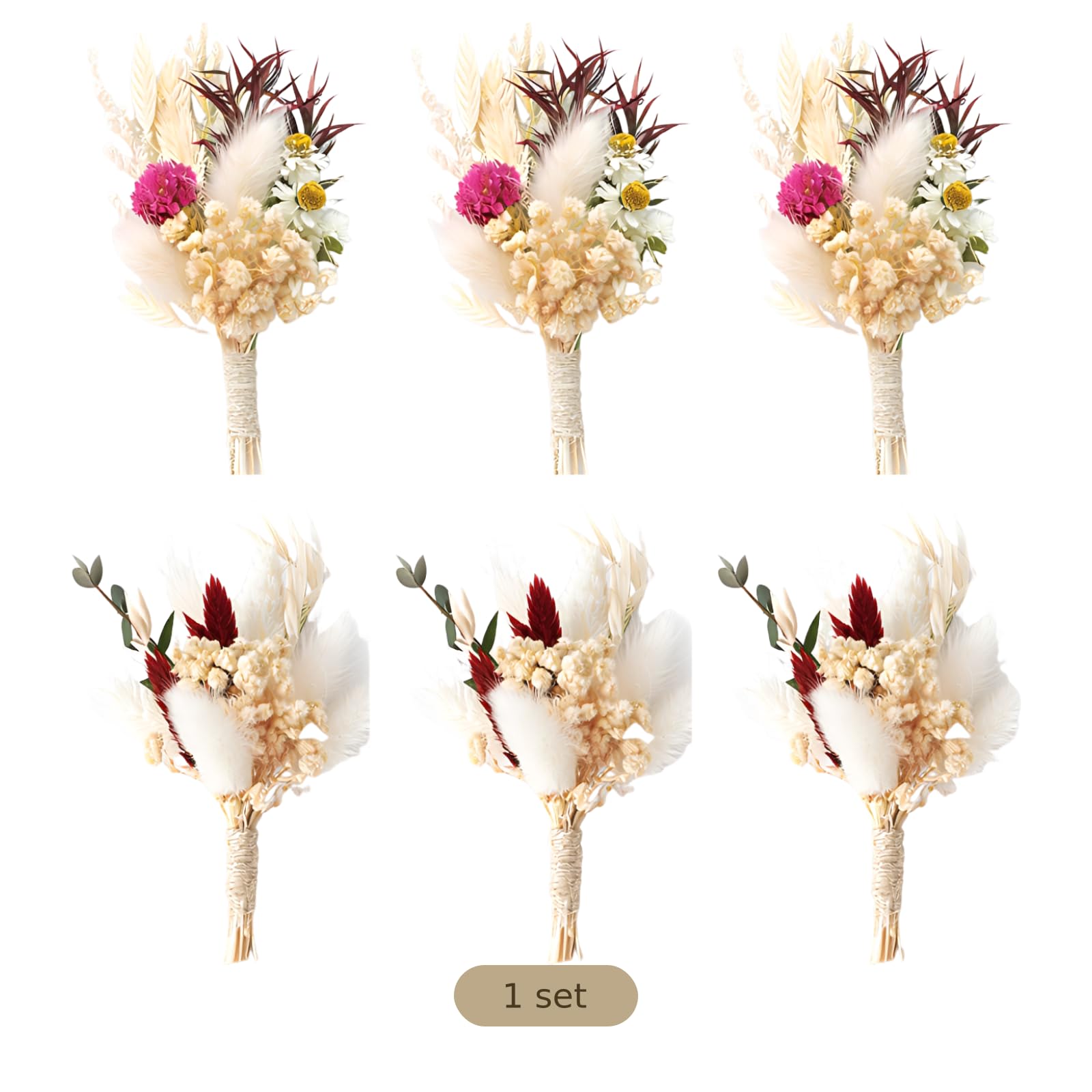 6 STK. Mini Trockenblumensträuße Set, Mehrfarbig, natürlich und rustikal, gemischte konservierte Bouquets für Hochzeitsanstecker, Deko für Hochzeit, Brautjungfern Geschenke, Party Mitgebsel,