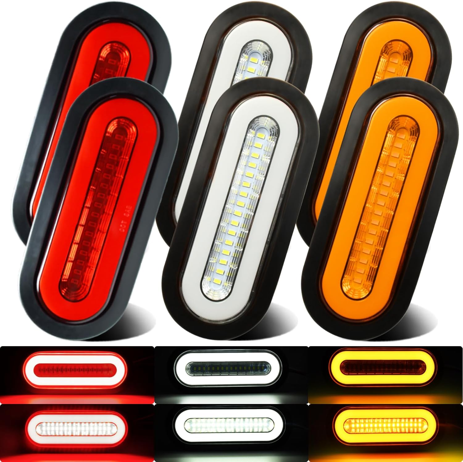 6pcs 6 inch Oval LED Trailer Trucks Halo Tail Light Red Stop Brake Turn Light, White LED Reverse Back up, Amber Turn Parking Tail Light w/Rubber Grommet Flash Mount For RV/Van, DC 12V