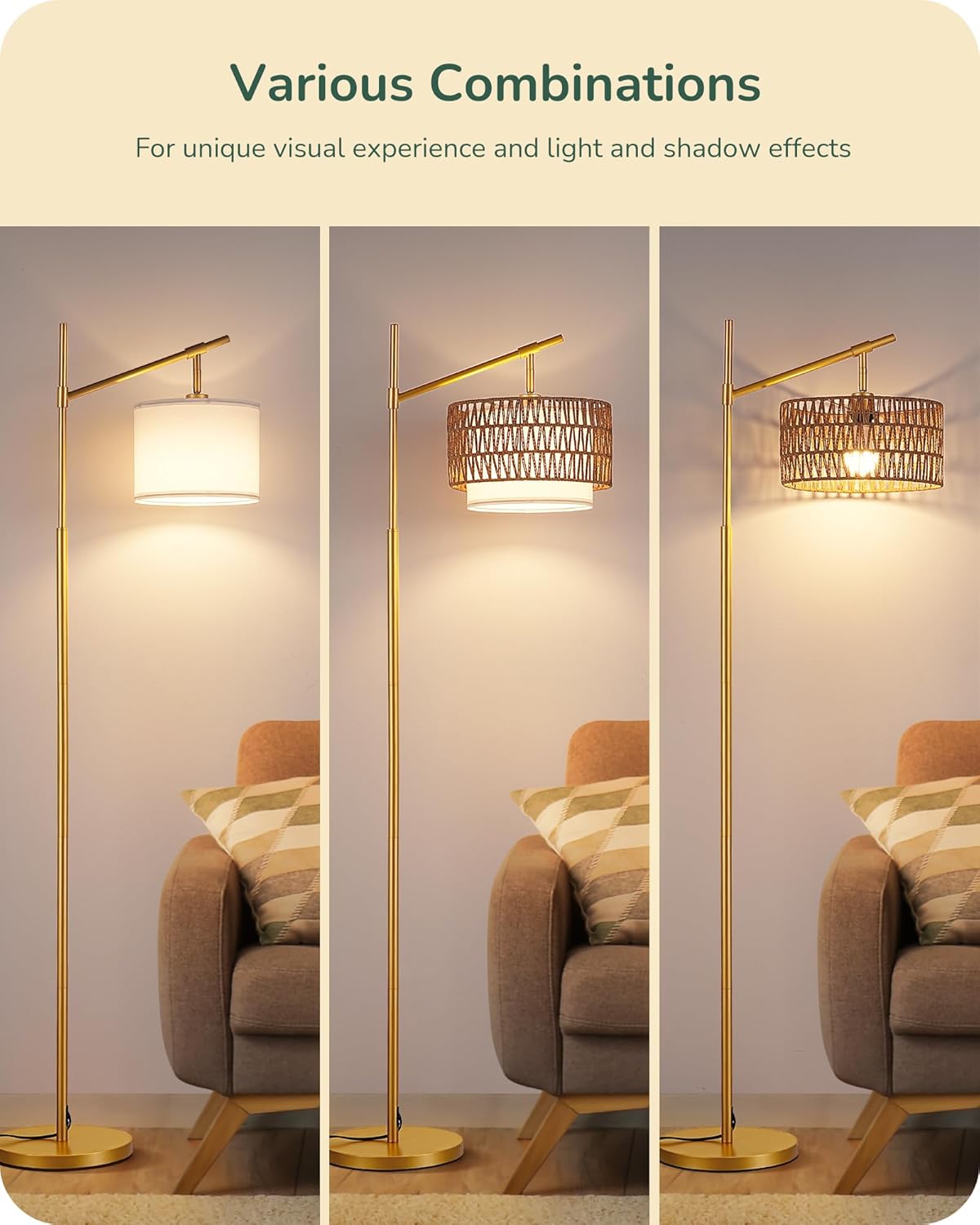 EDISHINE Rattan Arc Floor Lamp with Remote, Gold Farmhouse Standing Lamps for Living Room, Rattan & Fabric Dual Shades, Dimmable LED Bulb, Foot Switch, Adjustable Head Boho Lamp for Bedroom, Nursery