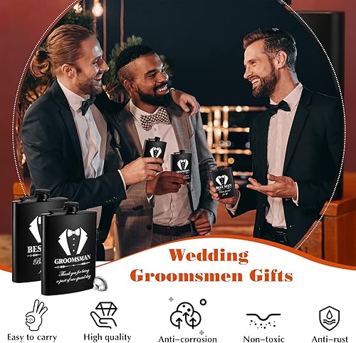 Miniatura 6 de Zubebe Juego de 6 juegos de regalos para padrinos de boda de 8 onzas con embudos para boda, padrino de boda con grabado para hombres, frasco grabado