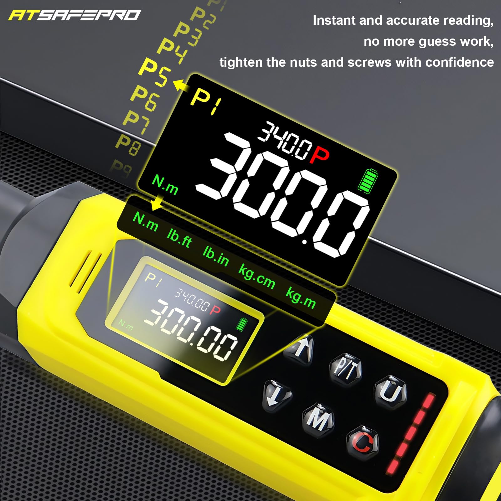 ATsafepro Digital Torque Wrench 1/2'' Drive,5.1-340N.m Electronic Torque Wrench,5 Units ±2% Accuracy Dual-Direction - Image 2