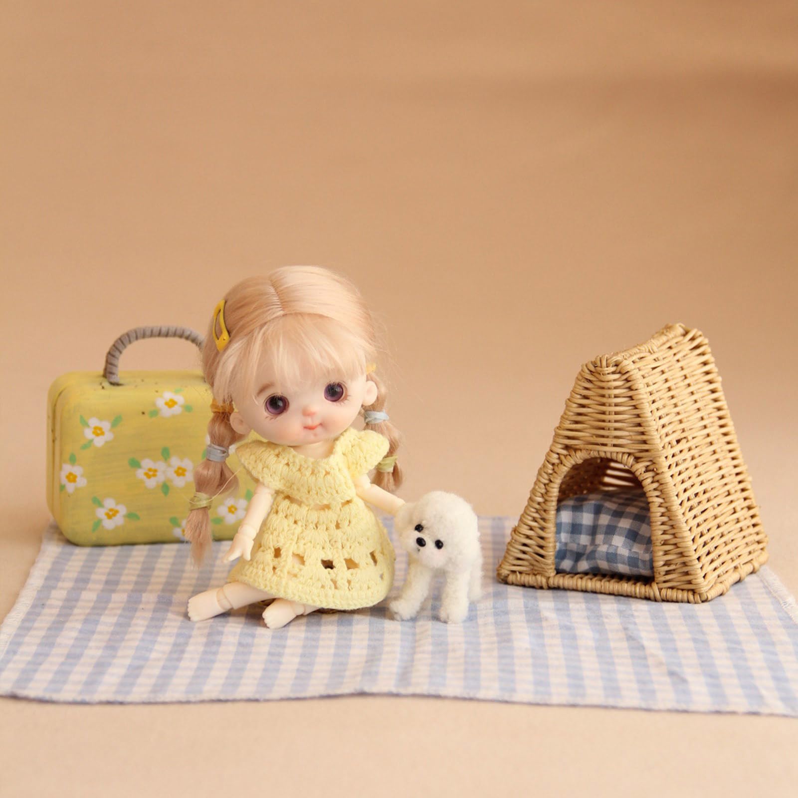 Set cuccia per cuccioli in rattan naturale, Dark yellow ted, A