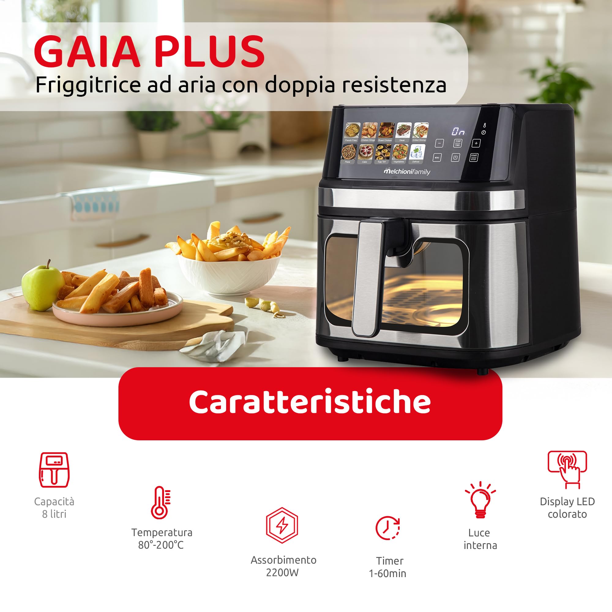 Melchioni Friggitrice Ad Aria Gaia Plus 8lt 2200w Display Colori Nero