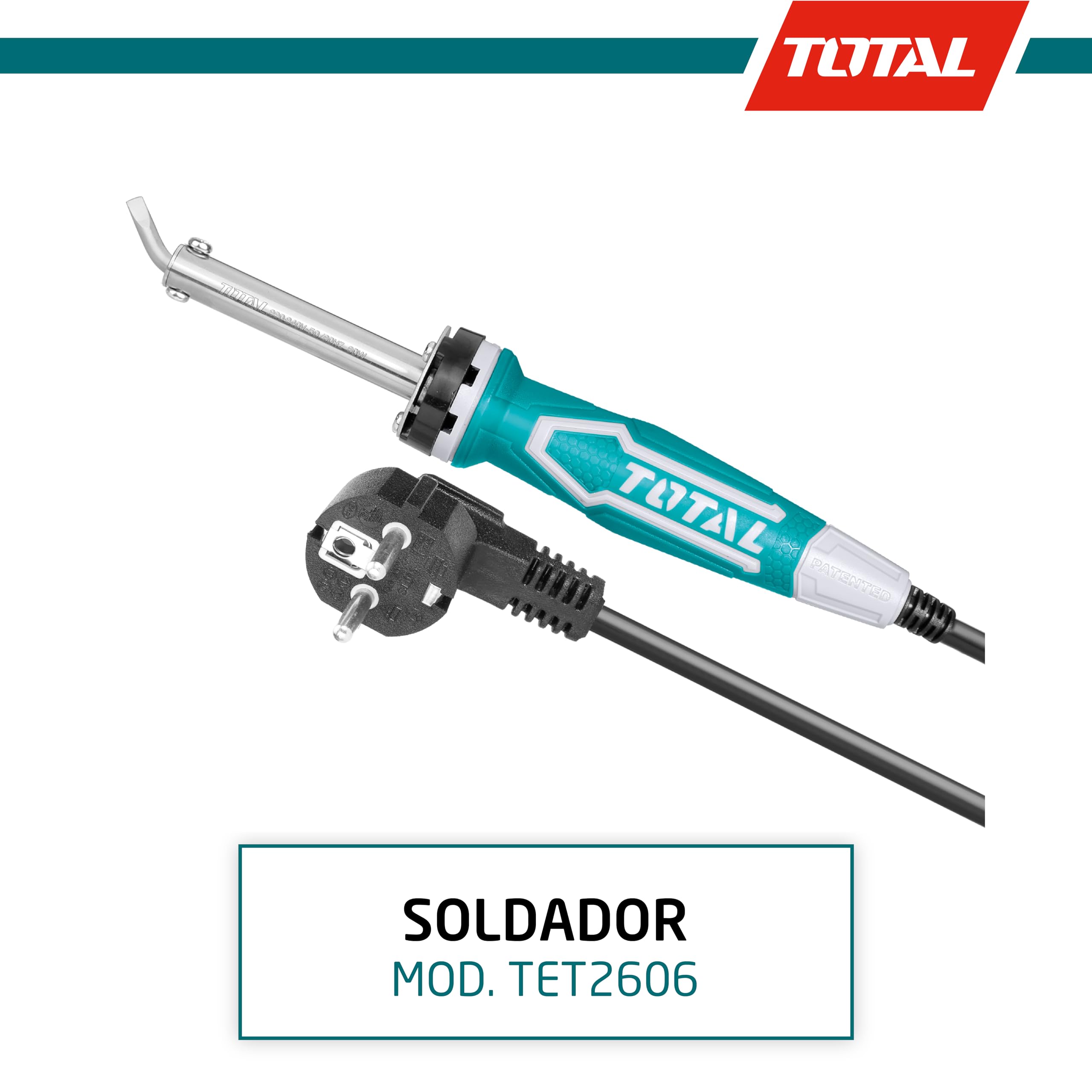 TOTAL - Soldador Eléctrico de Punta Curva de Cable con Potencia de 60 W - Calentamiento en 3-5 minutos - Incluye Soporte - 220-240 V - Adecuado para Manualidades