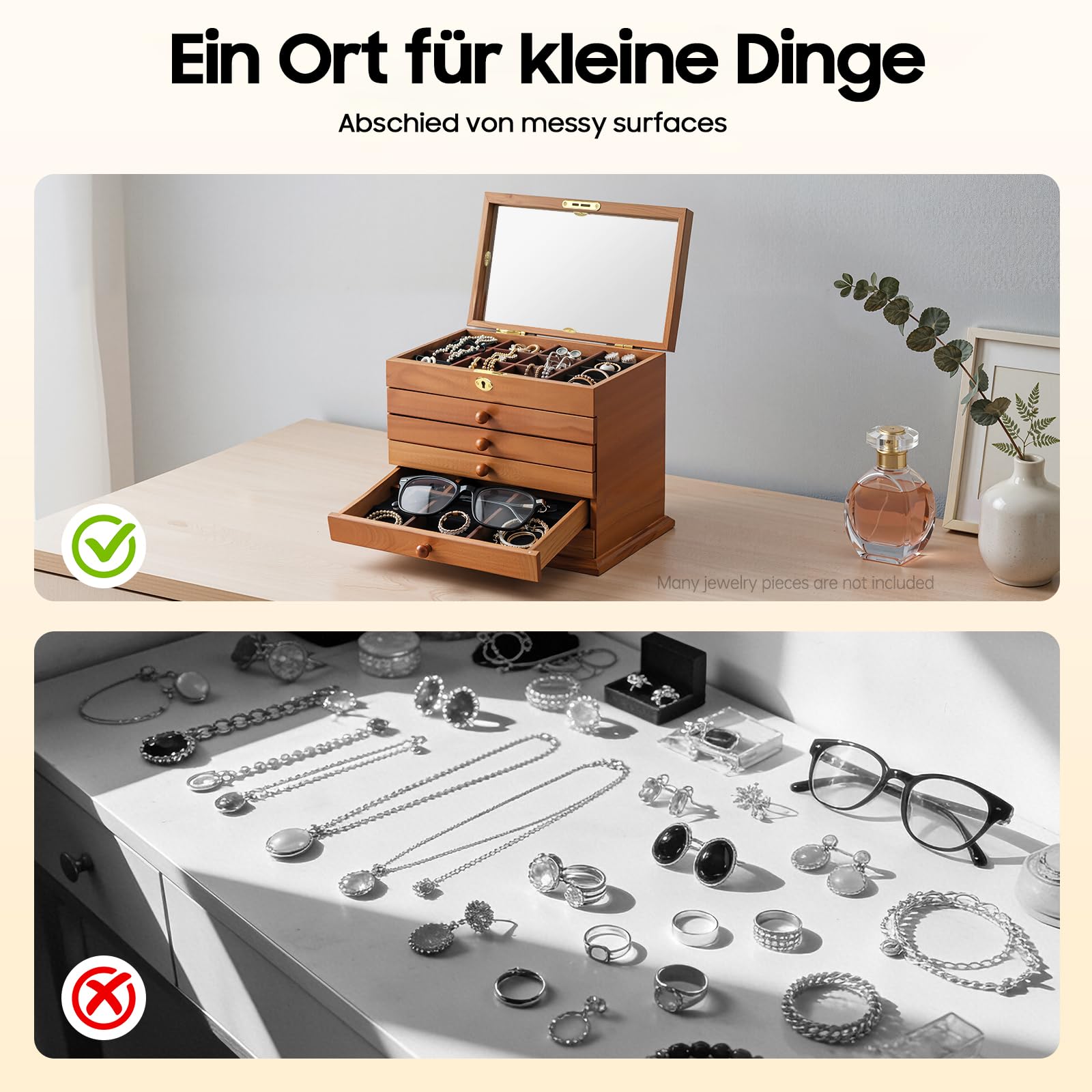 Schmuckkästchen Holz mit 6 Schubladen und Spiegel | Hochwertige Schmuckaufbewahrung, Samt-Innenfutter, Für Ketten, Ohrringe, Ringe und Armbänder
