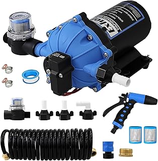 12V DC Washdown Pump - 7.5 Gallons Per Minute 80PSI 5-Chamber Water Pump Kit with Expandable Hose, Spray Nozzle & Filter for Boats, RVs, Marine & Camper Cleaning