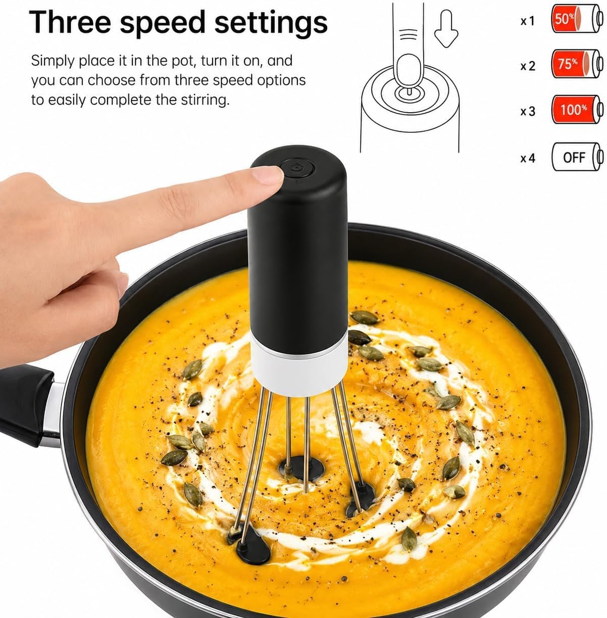 Automatic Hands Free Pot Stirrer with 3 Adjustable Speeds, Battery Operated Self Stirring Kitchen Mixer for Sauces, Soups, Gravy, Cream, Custard, Non Stick Cookware Safe, Black