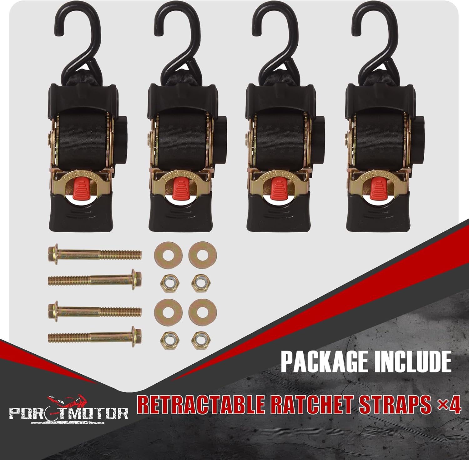 4 Pack Bolt-On Retractable Ratchet Straps (2" x9'), 3000LBS Break Strength Ratchet Tie Down Straps Heavy Duty Auto Retracting Ratchet Straps for Motorcycle, Trailers, Boats, ATVs, UTVs