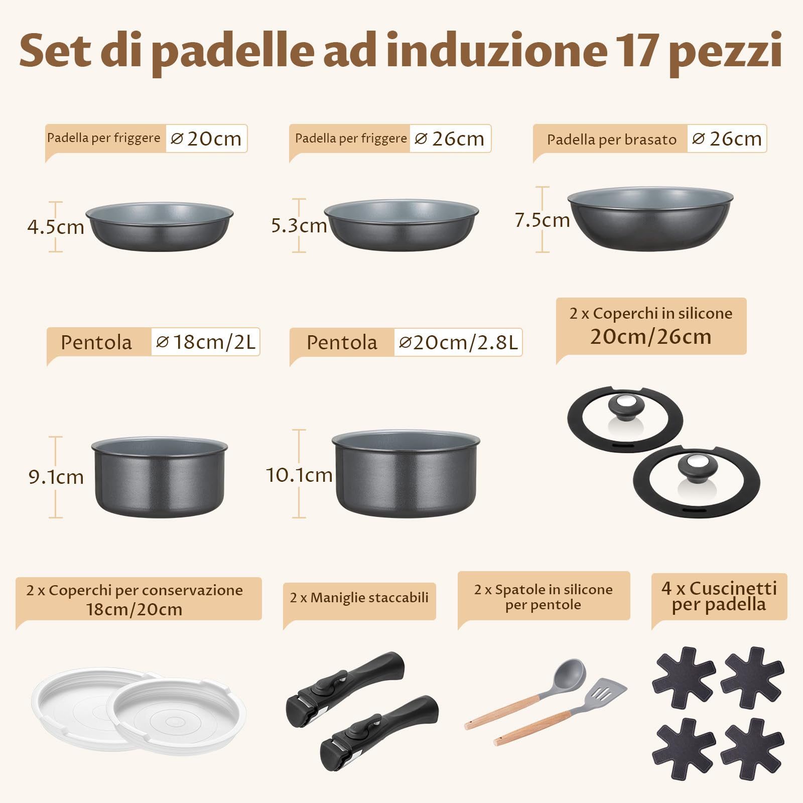 BEZIA Set di Padelle da 17 Pezzi con Manico Rimovibile, Ceramica Antiaderente, Pentole Induzione, Compatibile con Induzione e Gas, Impilabile, Adatto ai Forni, Senza Ptfe & Pfoa & Pfas