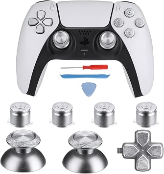 Metal ABXY Buttons Dpad Thumbsticks for PS5 Controller, Metal Aluminum Action Buttons & Dpad & Analog Stick Replacement Kit for PS5 Controller Metal Silver