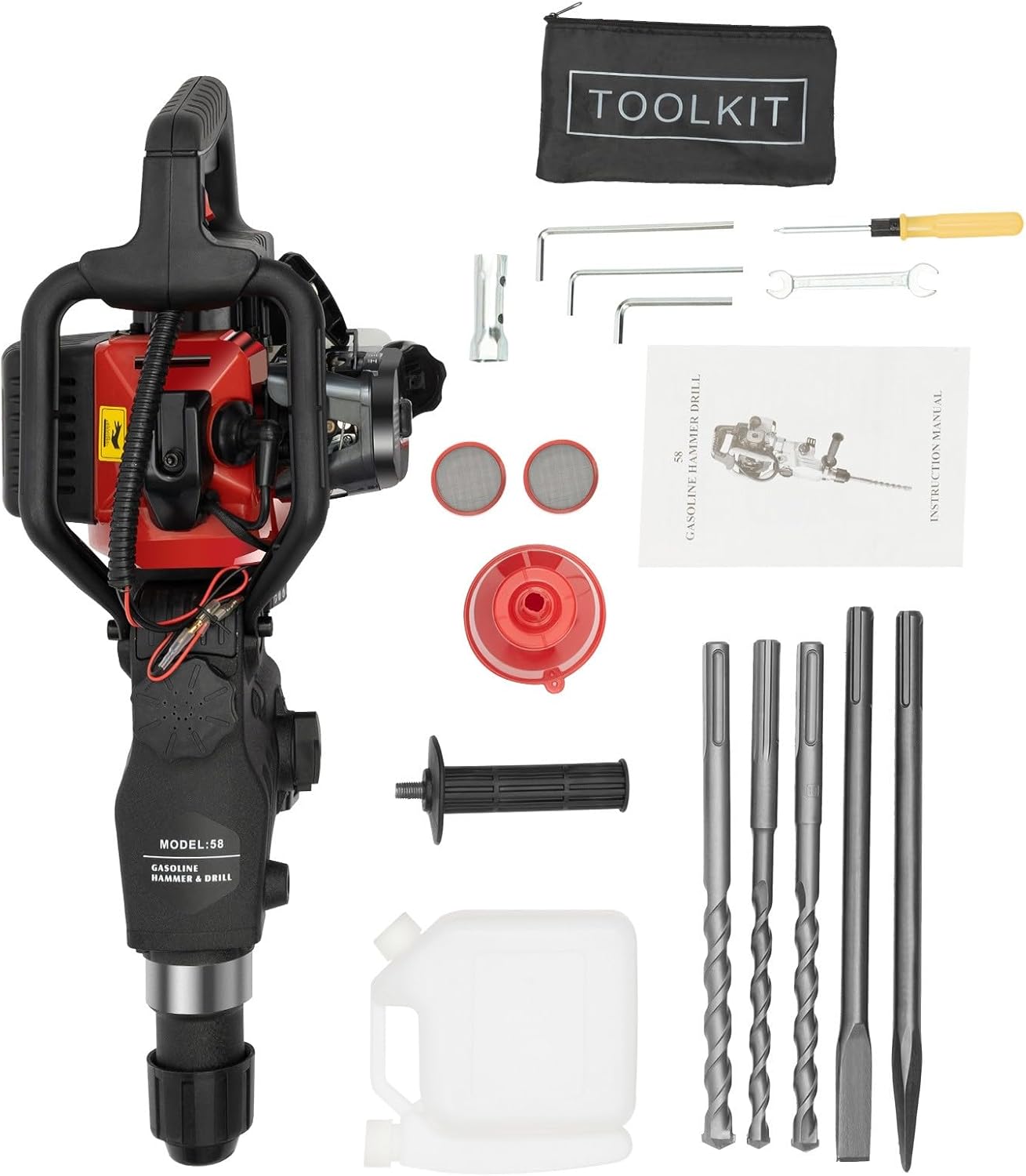 32.6cc 2-Stroke Demolition Jack Hammer, Gas Powered Concrete Breaker, 30J Gasoline Demolition Hammer, Heavy Duty Drilling Machine Breaker Punch Drill Chisels for Trenching