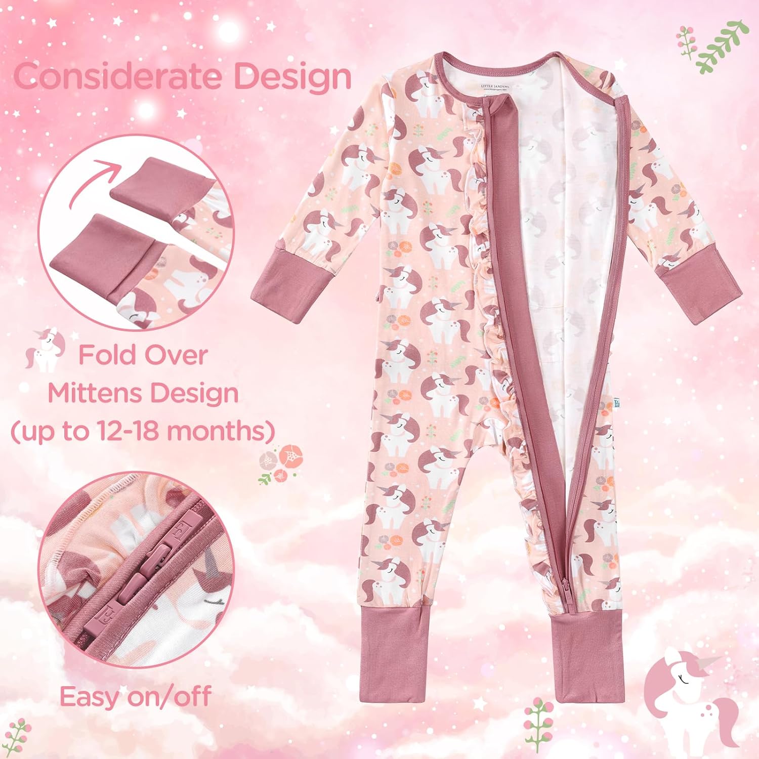 Baby Rompers Mittens Cuff 2 Way Ruffled Zippered Sleeper One-Piece Romper