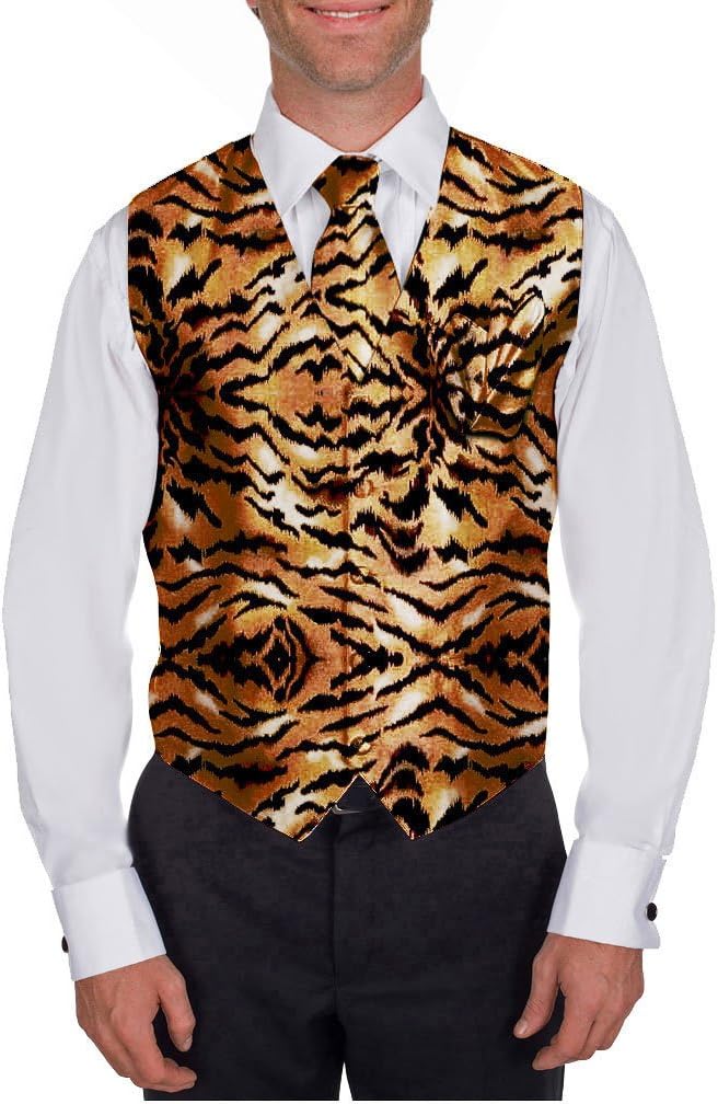 Men's Animal Printed Tiger Print Vest Neck Tie Ties and Hanky Set for Proms Weddings and Formal Events