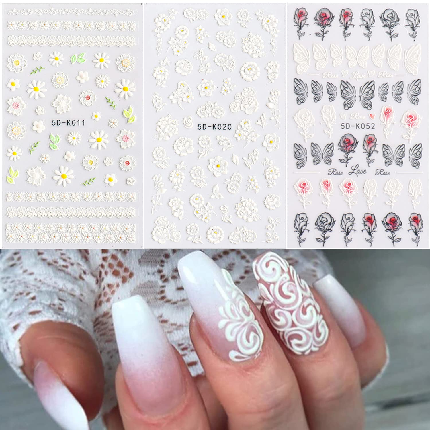 White Flowers Nail Art Stickers, 5D Engraved Flower Nail Art SelfAdhesive Sticker