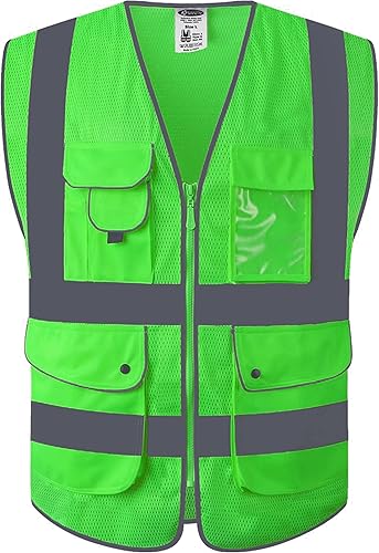 Vista 20 de JKSafety Chaleco de seguridad con cremallera frontal de 9 bolsillos de color amarillo neón de alta visibilidad con borde extendido naranja