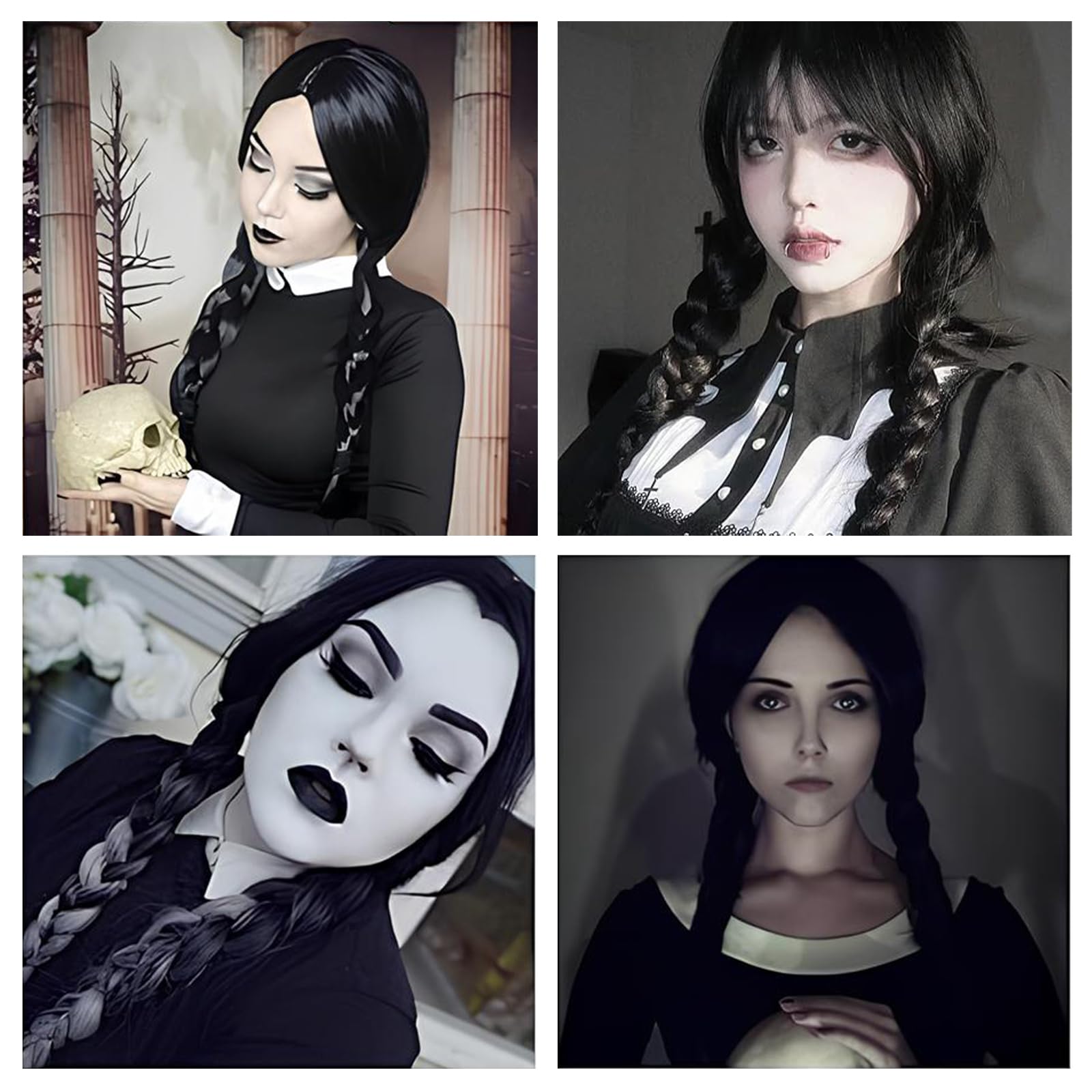 Mercredi A-ddams Perruque Tressée Noire, Perruque Fille et Femme pour Fêtes et Cosplay