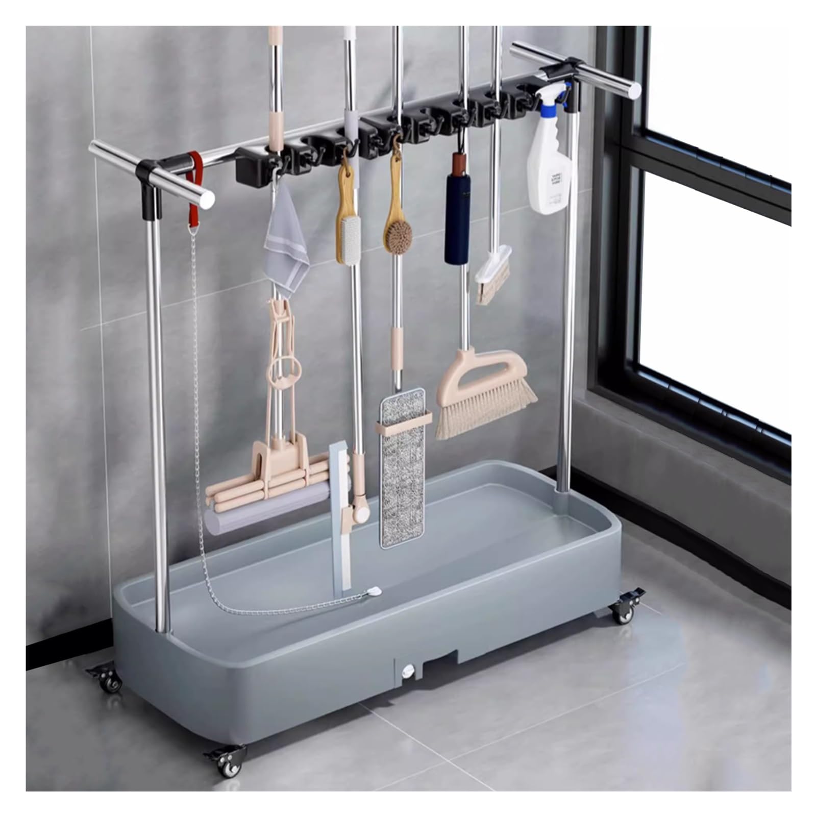 FYIYIEW broom holder, Broom Mop, Commercial Rack with with Armrests(62 * 40 * 96Cm(10Slots))