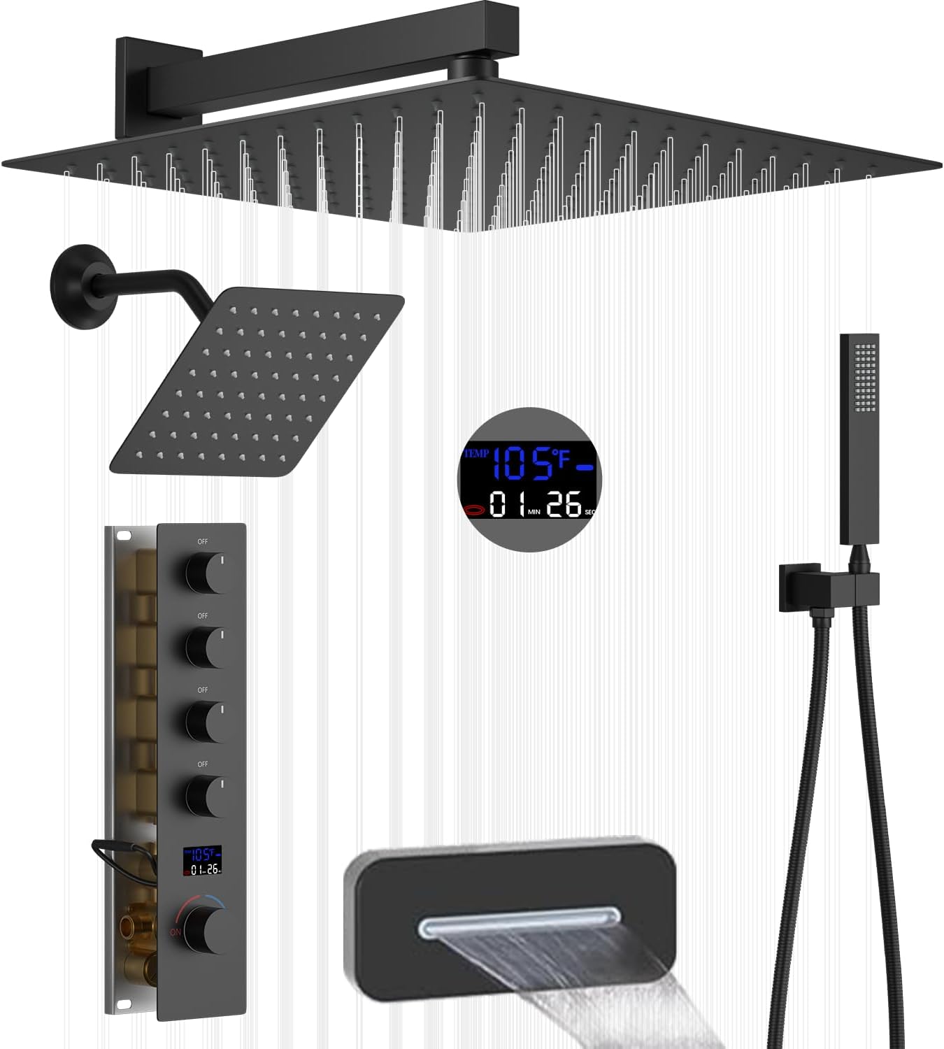 Matte Black Waterfall Tub Spout Shower System Ceiling Full Body Shower Set with 12" & 8" Dual Shower Heads Shower System with Digital Display Valve and Handheld Shower