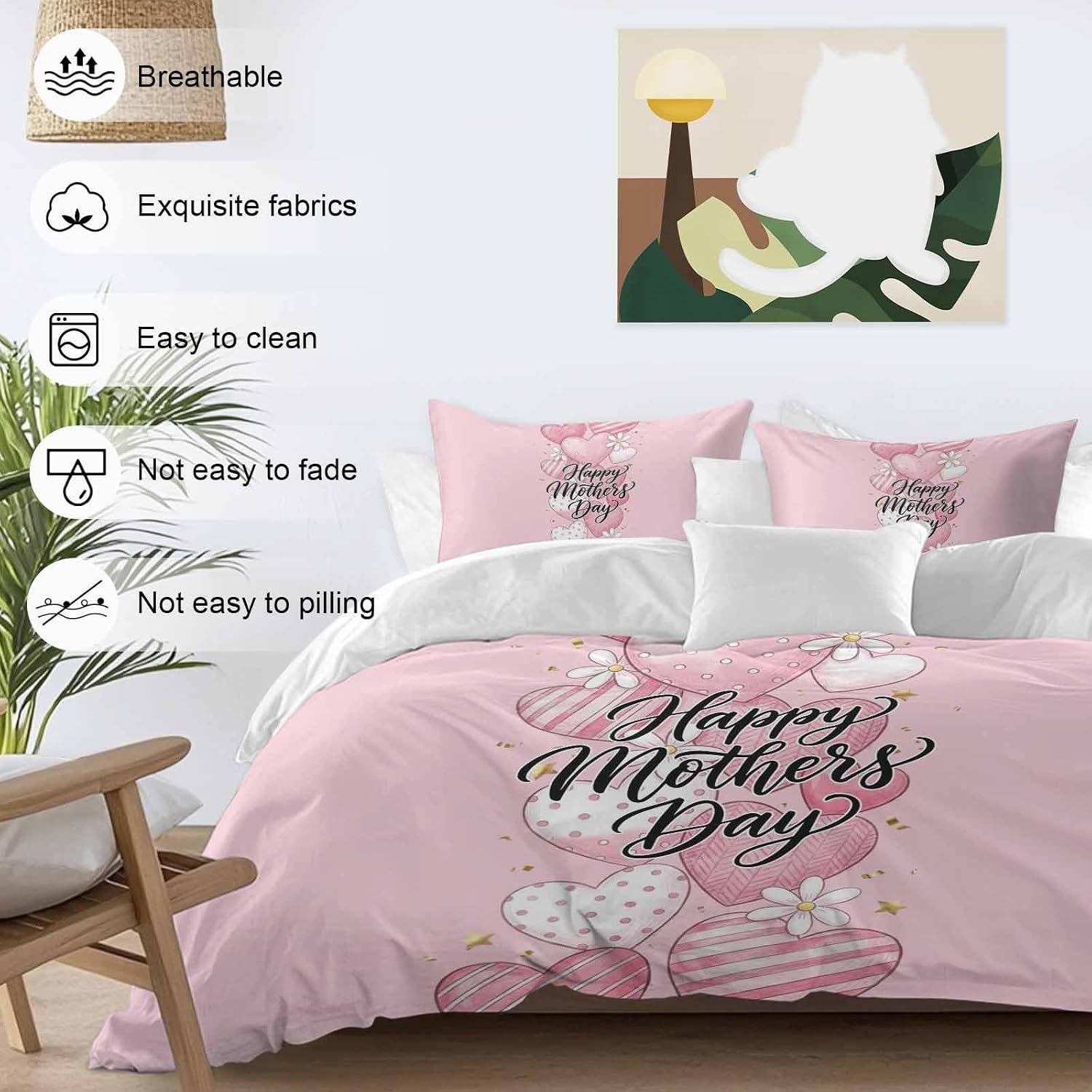 Duvet Cover Cal. King Size - 4 Pieces Bedding Set, Happy Mother's Day Bedding Comforter Covers Zipper Closure, 1 Duvet Covers 1 Fitted Sheet 2 Pillow Shams Pink Romantic Love Heart Flowers