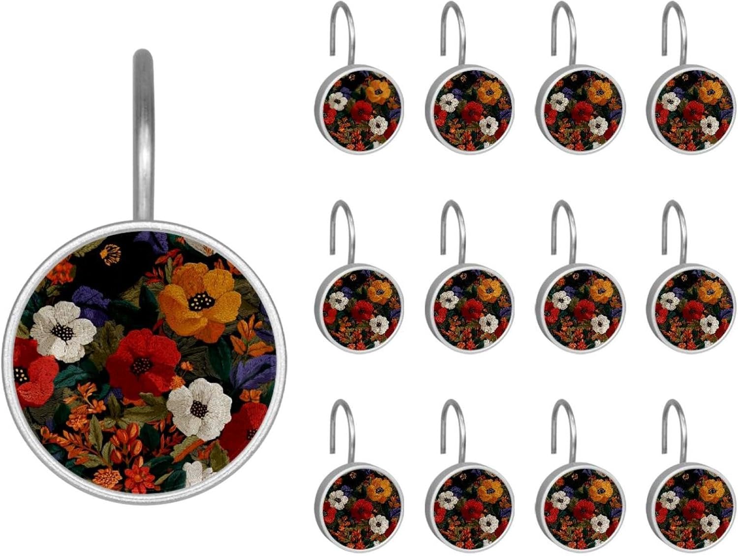 Textured Floral Vector Pattern (2) Round Crystal Glass Decorative Shower Curtain Hooks with 3D Pattern Visual, Rust Proof Shower Curtain Rings-12 Pack