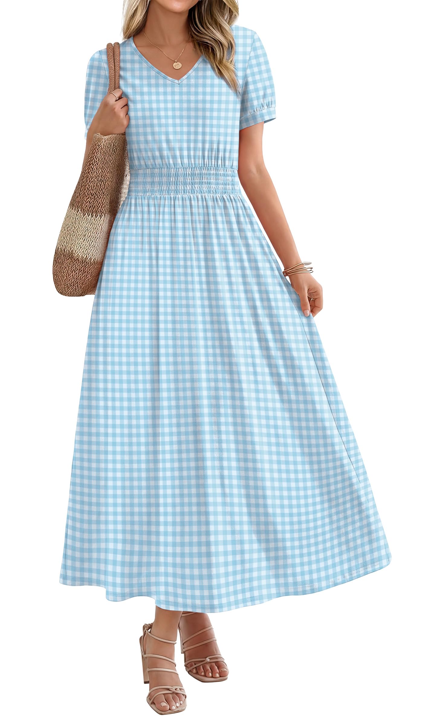 OFEEFAN Maxi Dresses for Women V Neck Ladies Midi Long Dress A Line Smocked Waisted Casual Summer Spring Clothes Boho Beach