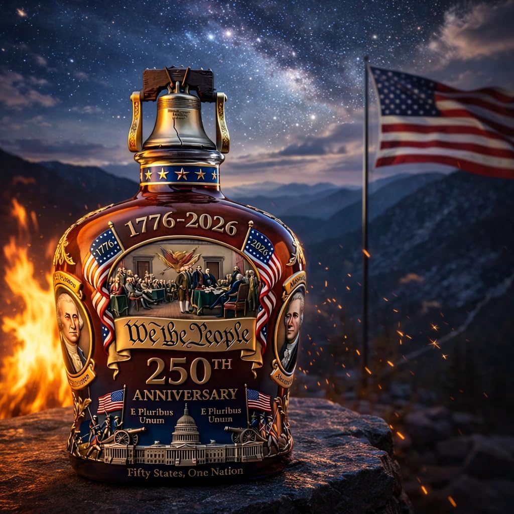 U.S. 250th Anniversary Whiskey Decanter, We The People 1776-2026 Amber Glass Bottle with Liberty Bell Stopper, 350 mL for Bourbon, Scotch or Wine, Gift for Men (Whiskey Bottle Set)