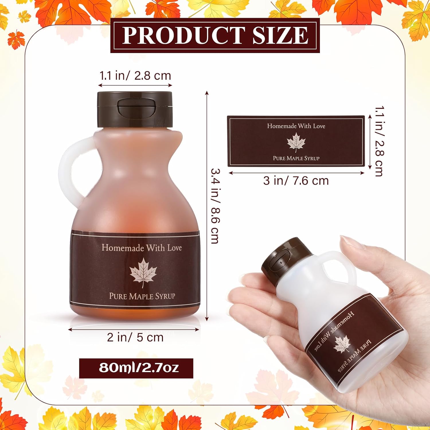 Bokon 24 Pack 2.7 oz Maple Syrup Bottles with Labels, Empty Plastic Containers with Loop Handles and Lids, Small Mini Jugs for Homemade Pure Maple Syrup, Honey, Gifts, Favors