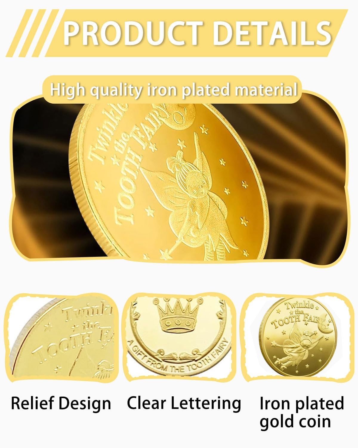 2 PCS Monete Fata dei Denti d'oro, Regalo Fatina dei Denti per Ragazze, Monete da Collezione Monete d'oro Moneta commemorativa per i Bambini dei Denti perduti, Stile corona, adatto ai ragazzi