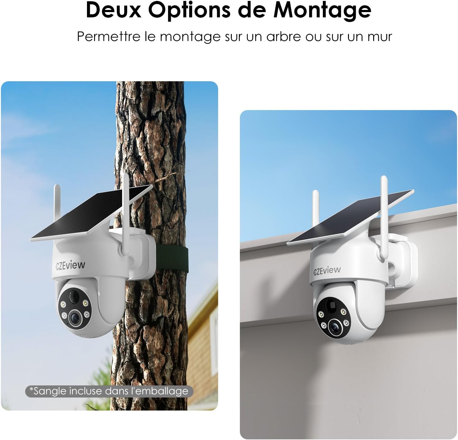 Two images showing mounting options: one on a tree with a strap, and one on a wall with screws.