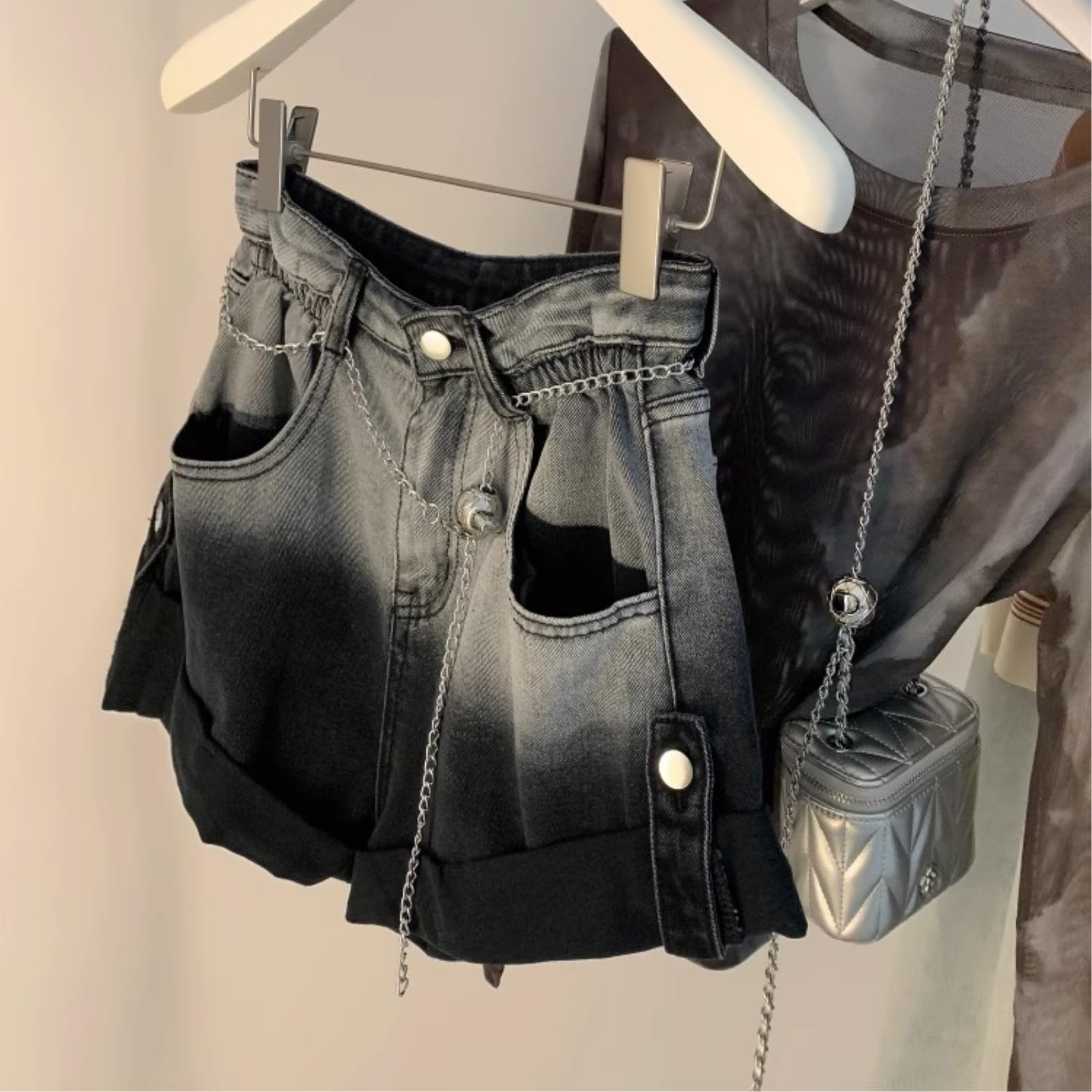 Shorts Jeans Donna Gradiente Alta Vita Larga Gamba Denim Donne Estate Sciolto Casual A-Line Pantaloni Femminile Jean Street Wear-Black Grey Shorts-XL