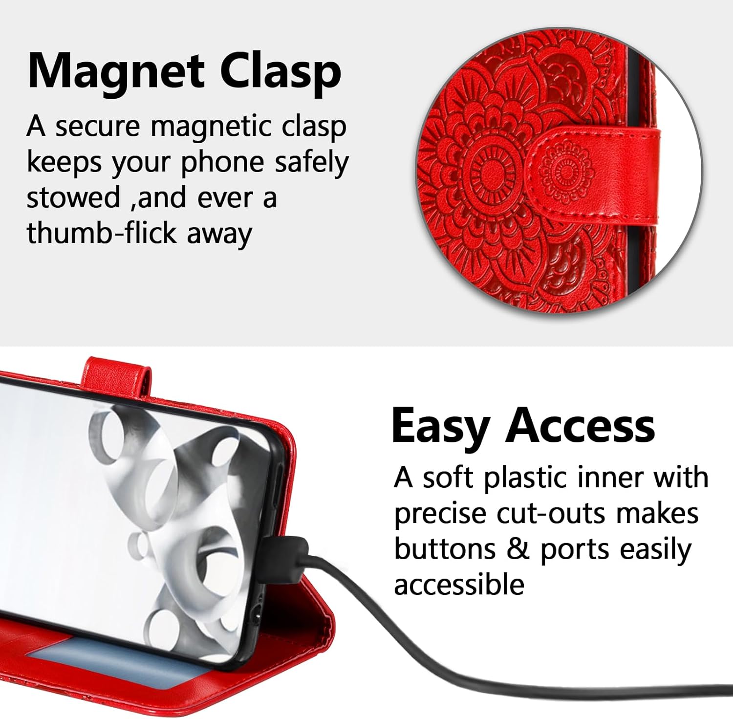 EYZUTAK Case for Samsung Galaxy S25 Ultra, Premium Leather Magnetic Closure Flip Wallet Phone Case with Card Holder Cash Slot Stand Function Embossed Mandala Flower Slim Shockproof Lanyard Cover - Red - Image 4