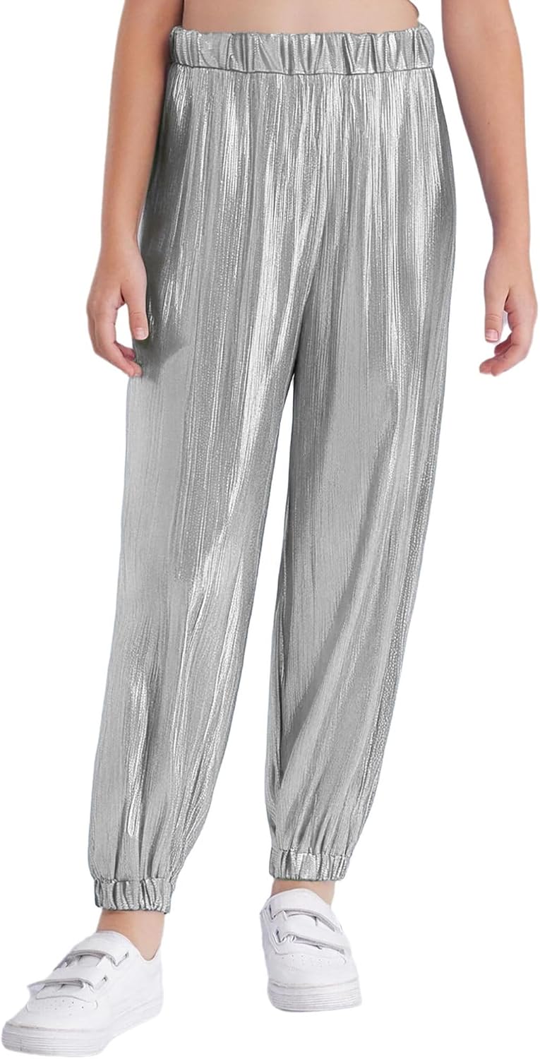easyforever Kids Girls Boys Shiny Metallic Jazz Hip Hop Street Dance Harem Pants Performance Party Trousers Dancewear