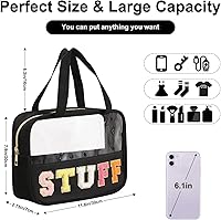 Vista 3 de Bolsa transparente de felpilla con parches de letras, bolsa de maquillaje transparente de PVC y nailon multiusos con asas, bolsa grande