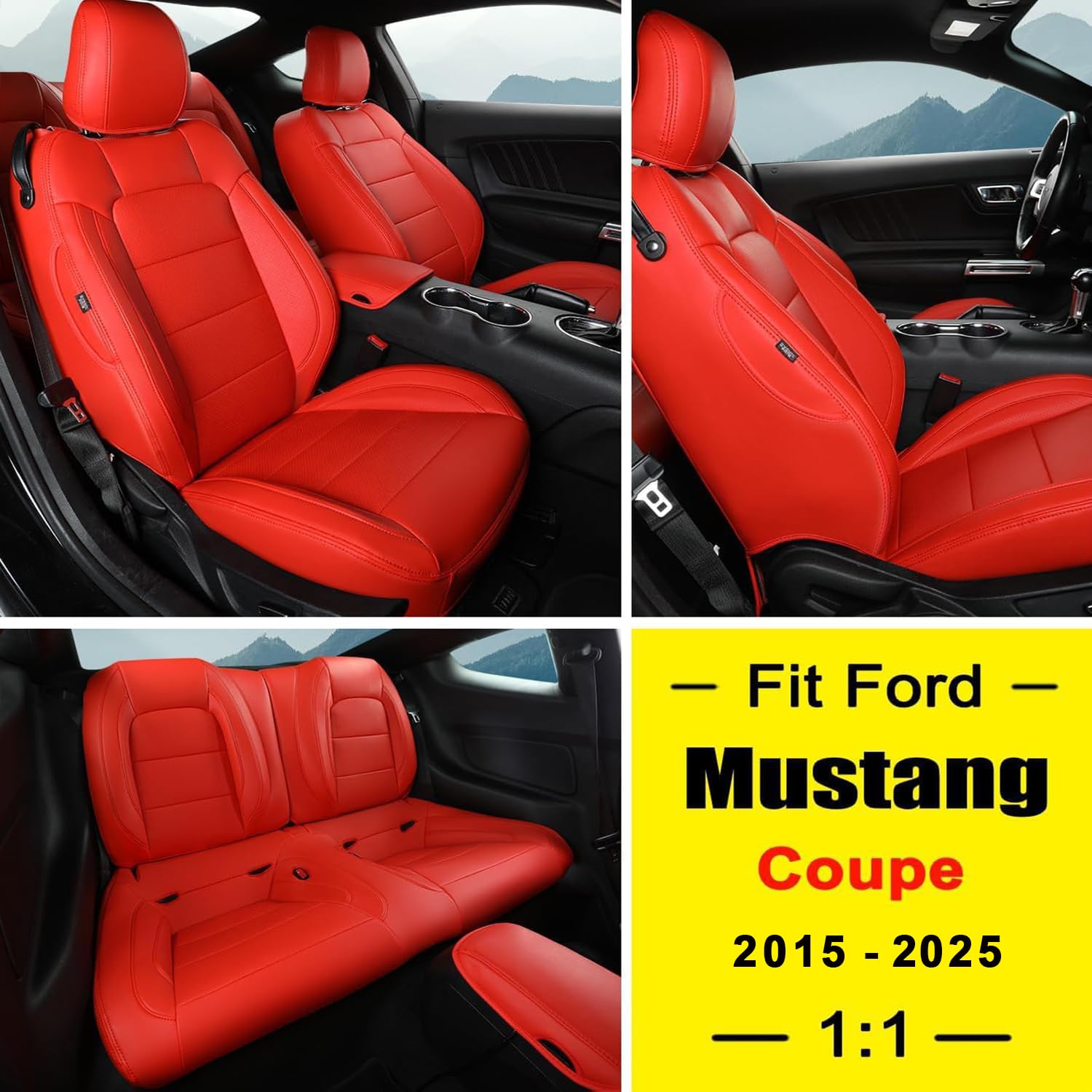 GIANT PANDA Customized Full Set Car Seat Covers Fit Ford Mustang Coupe Hardtop 2015 2016 2017 2018 2019 2020 2021 2022 2023 2024 2025- (Red)