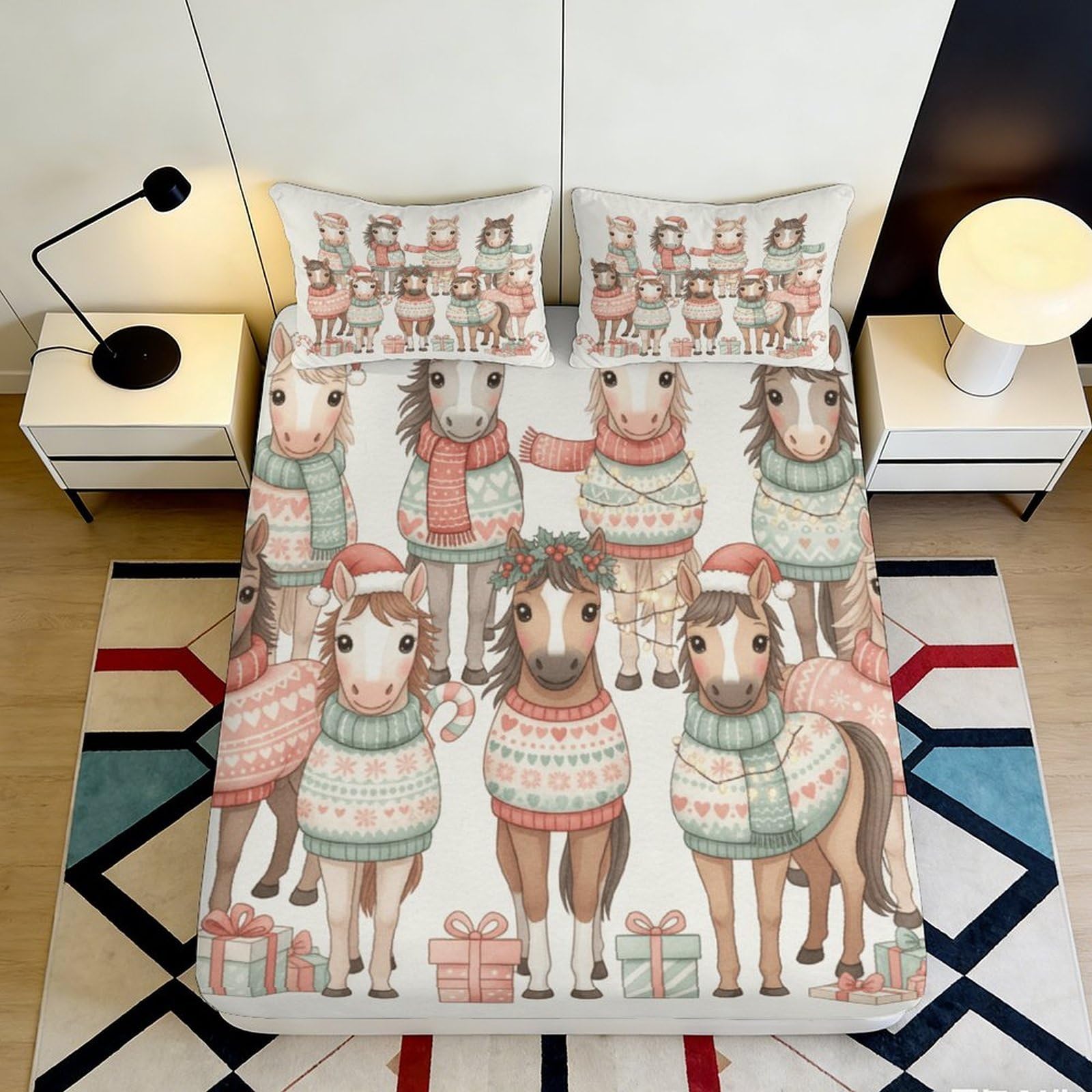 3D Printed Festive Reindeer Fitted Sheet Microfiber Soft Christmas Elk Mattress Cover for Bedroom Guest Room Decor 90x200x25cm